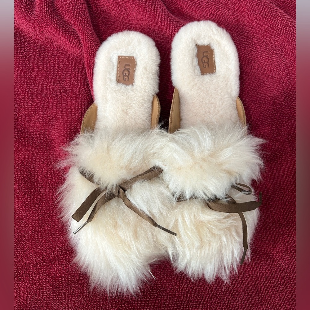 UGG Cream and Brown Cozy Pom-Pom Slippers